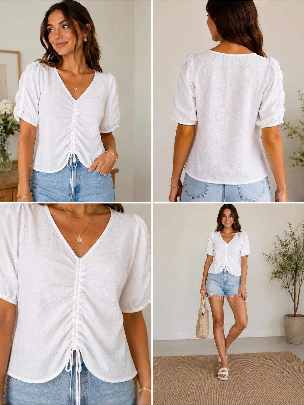 Jane + Delancey White Ruched Top Size Large